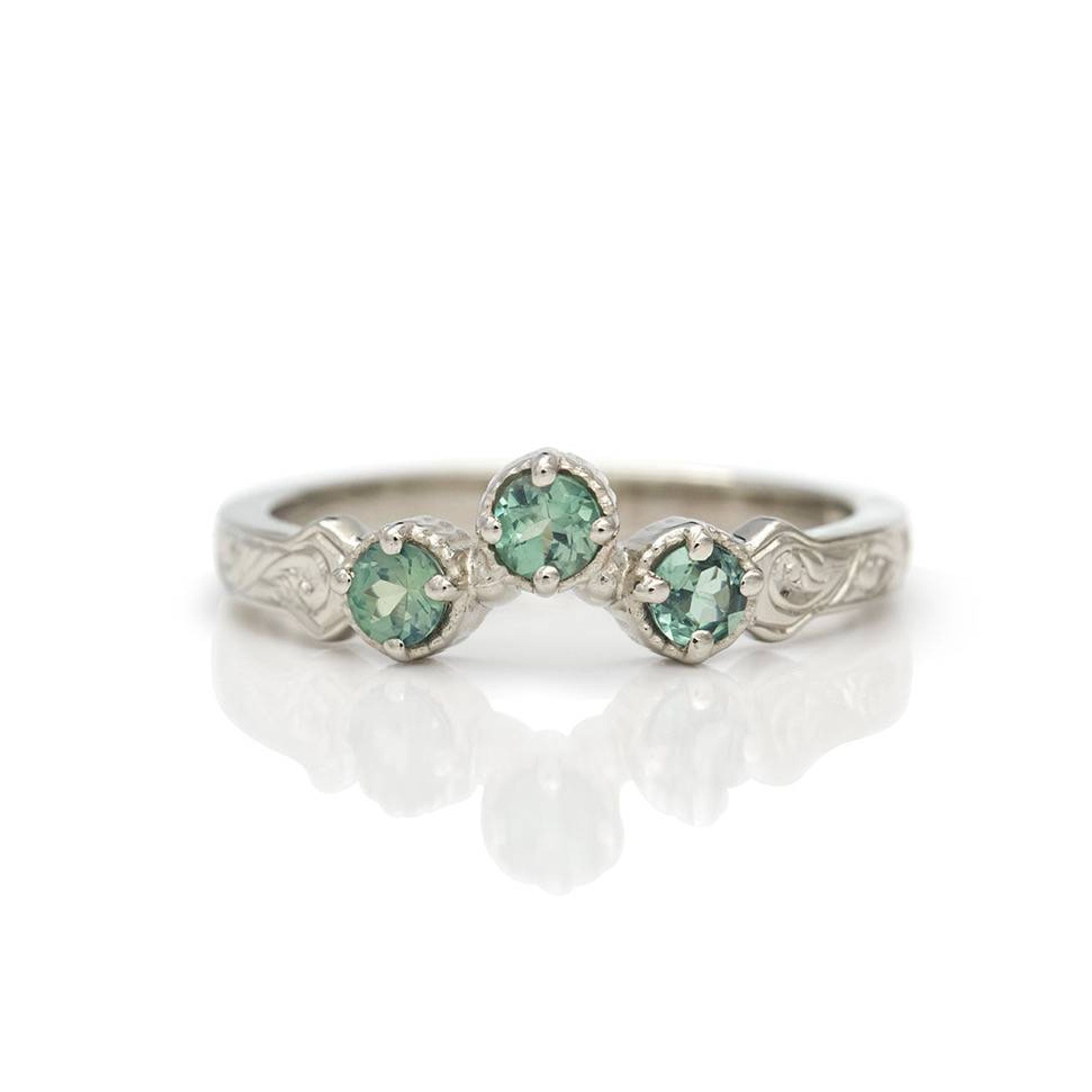 14k white gold hand-engraved ring with 3-alexandrites