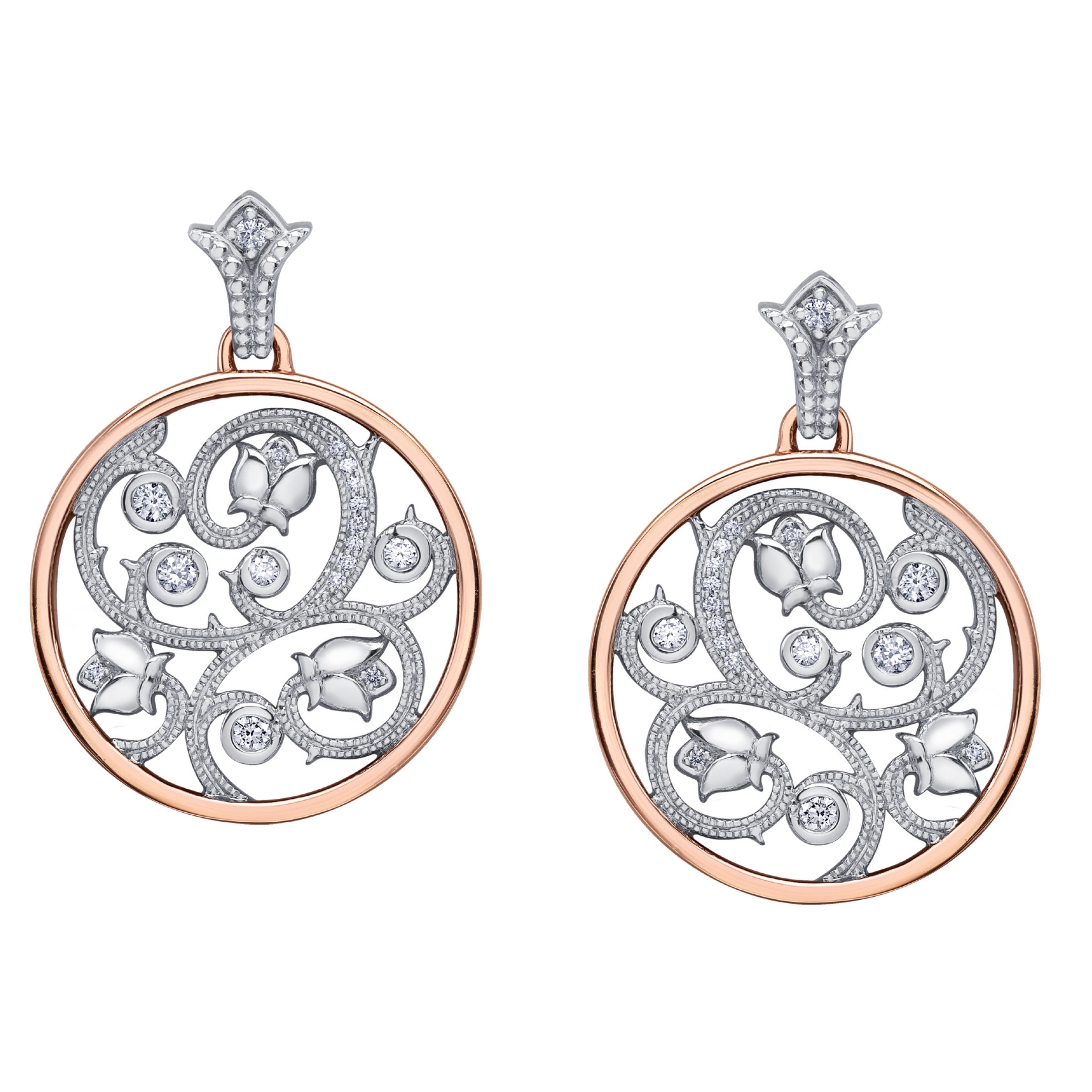 Crafted in rose and white 14KT Canadian Certified Gold, these earrings feature a rose vine design set with round brilliant-cut Canadian diamonds