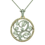 Crafted in yellow and white 14KT Canadian Certified Gold, this necklace features a pendant with round brilliant-cut Canadian diamond set rose vine design and a diamond set rim