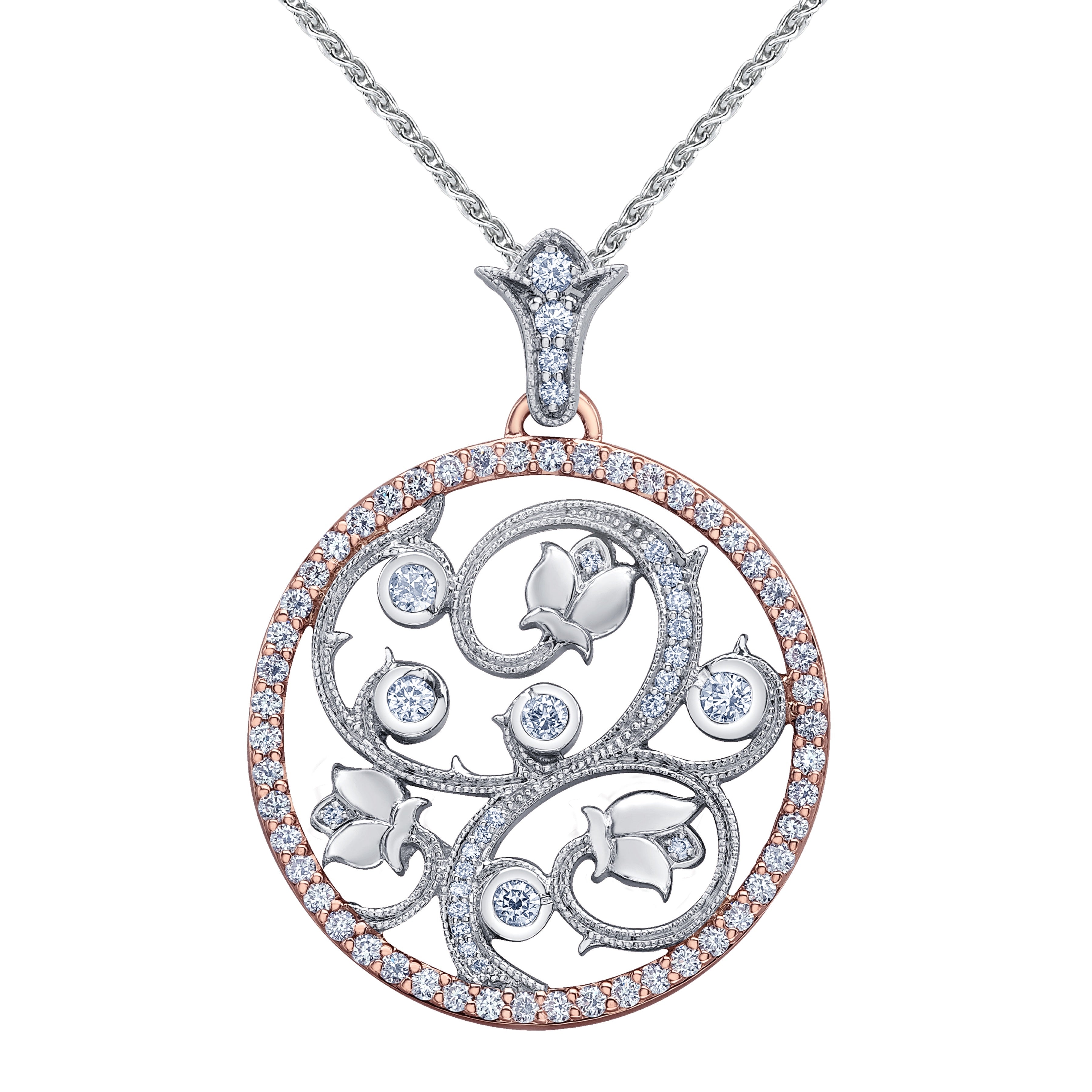 Crafted in rose and white 14KT Canadian Certified Gold, this necklace features a pendant with round brilliant-cut Canadian diamond set rose vine design and a diamond set rim