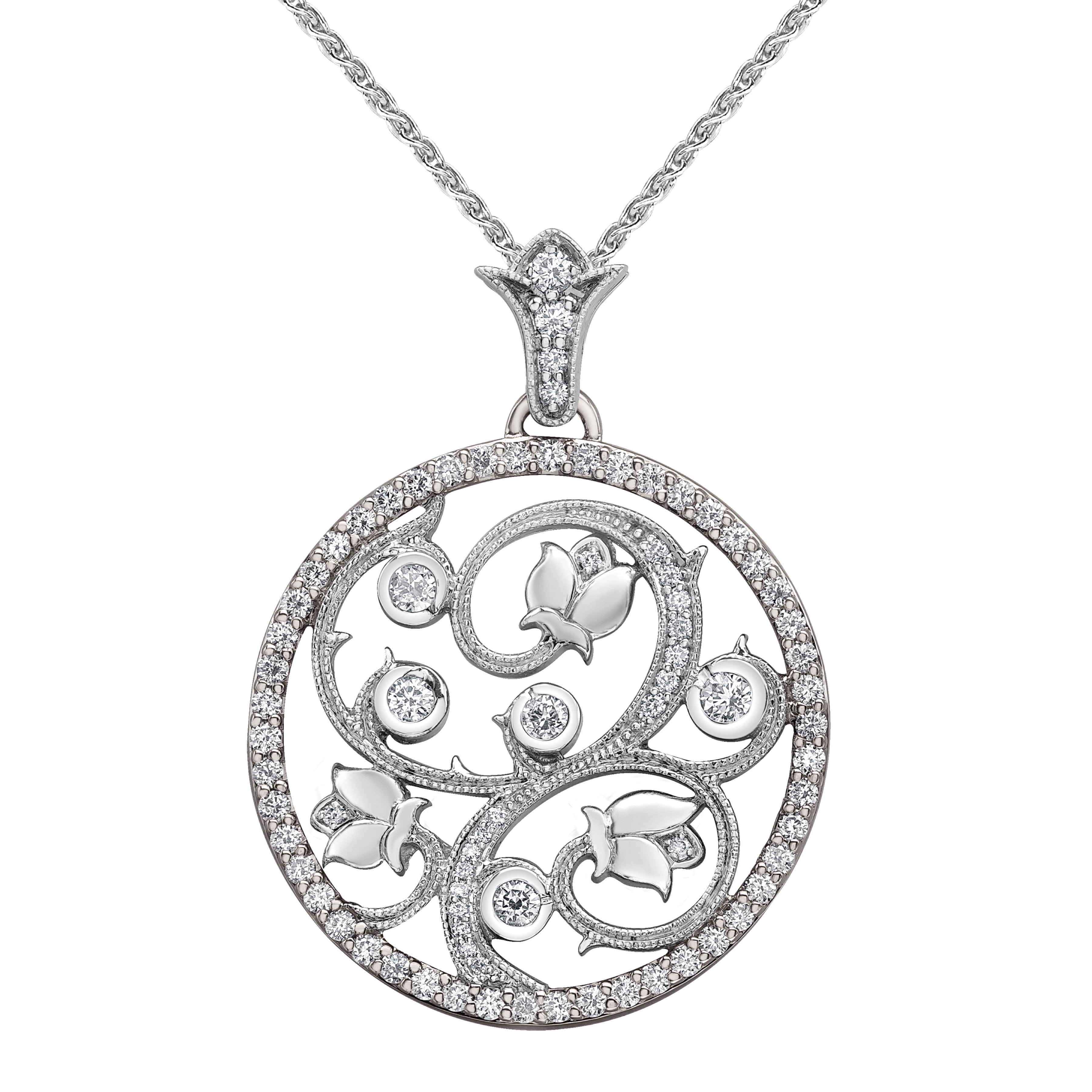 Crafted in white 14KT Canadian Certified Gold, this necklace features a pendant with round brilliant-cut Canadian diamond set rose vine design and a diamond set rim