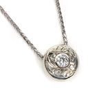 14k white gold hand-engraved pendant with 0.15ct round diamond on wheat chain