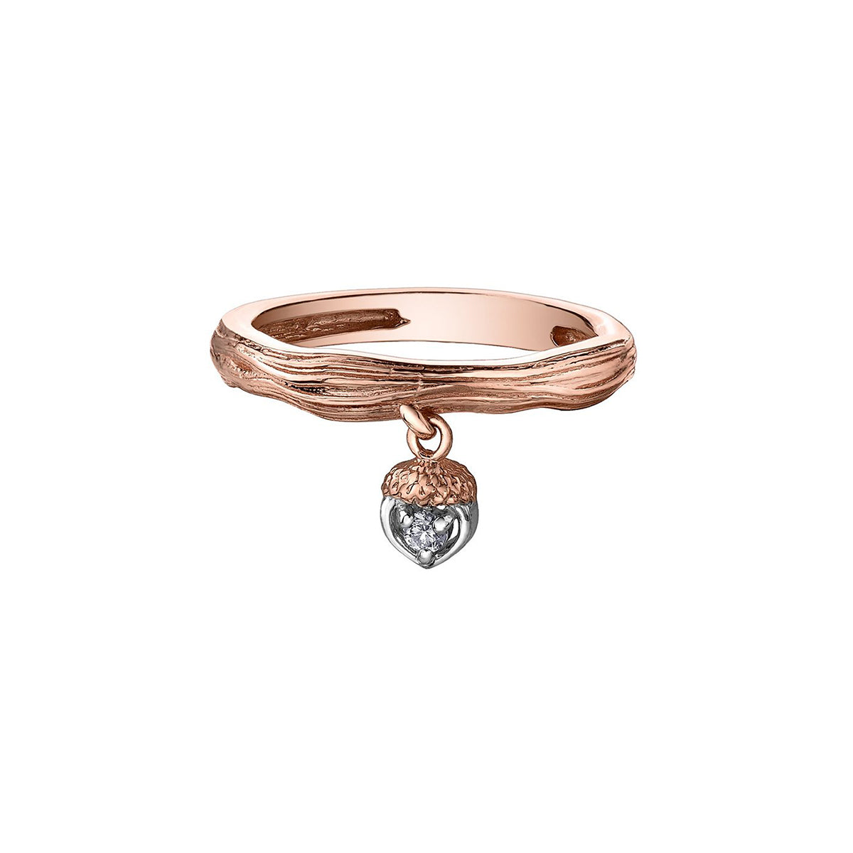 Crafted in 14KT rose Canadian Certified Gold, this ring features a wood-inspired pattern and an acorn charm set with a round brilliant-cut Canadian diamond.