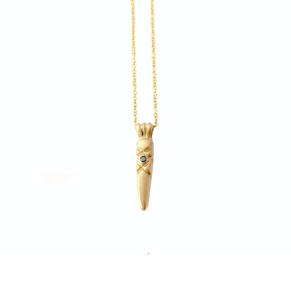 Crafted in 14KT yellow gold, this arrowhead shaped pendant features a round black diamond and simple x-design details.