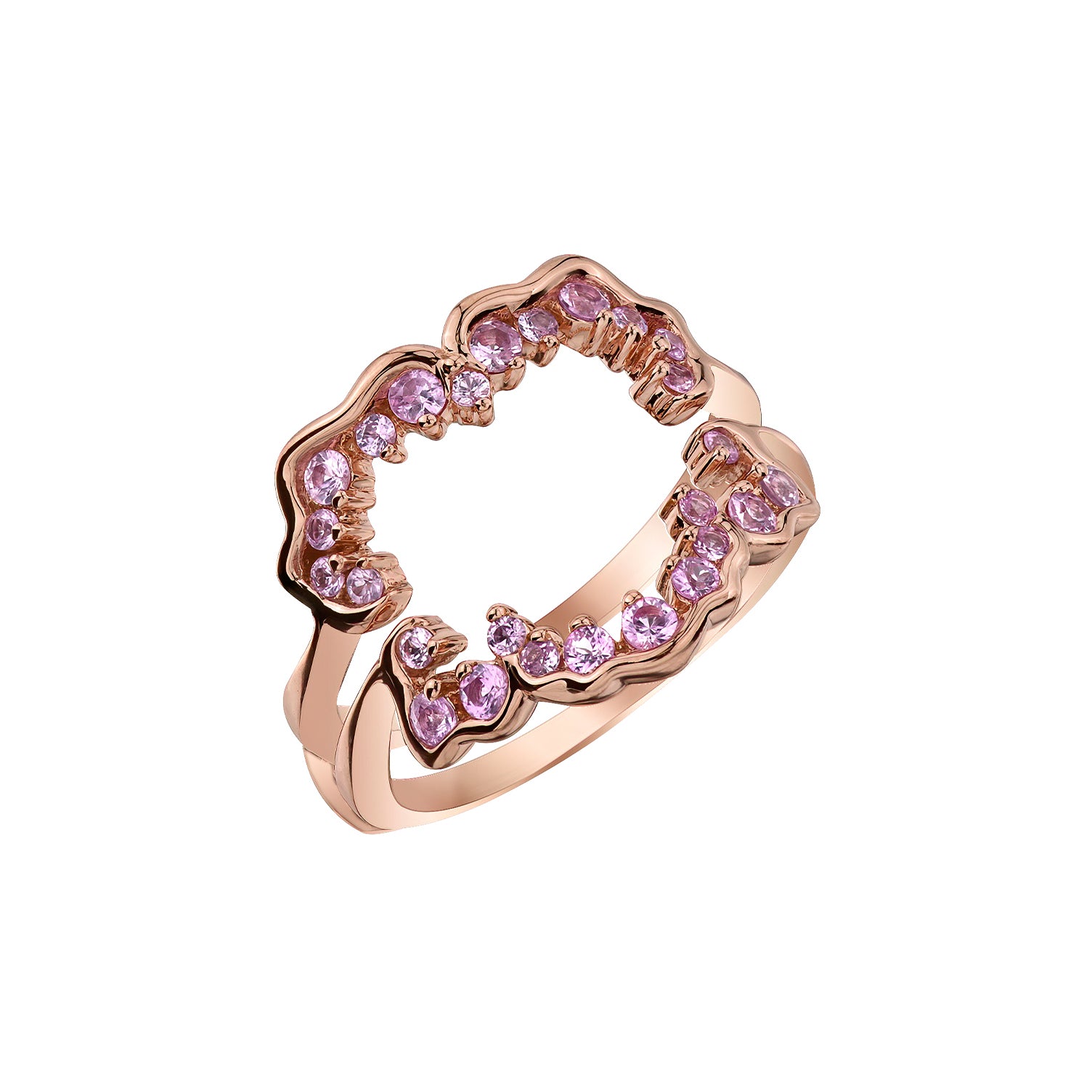 Crafted in 14KT Canadian Certified Gold, this ladies engagement ring features a large circle like shape set with pink sapphires.