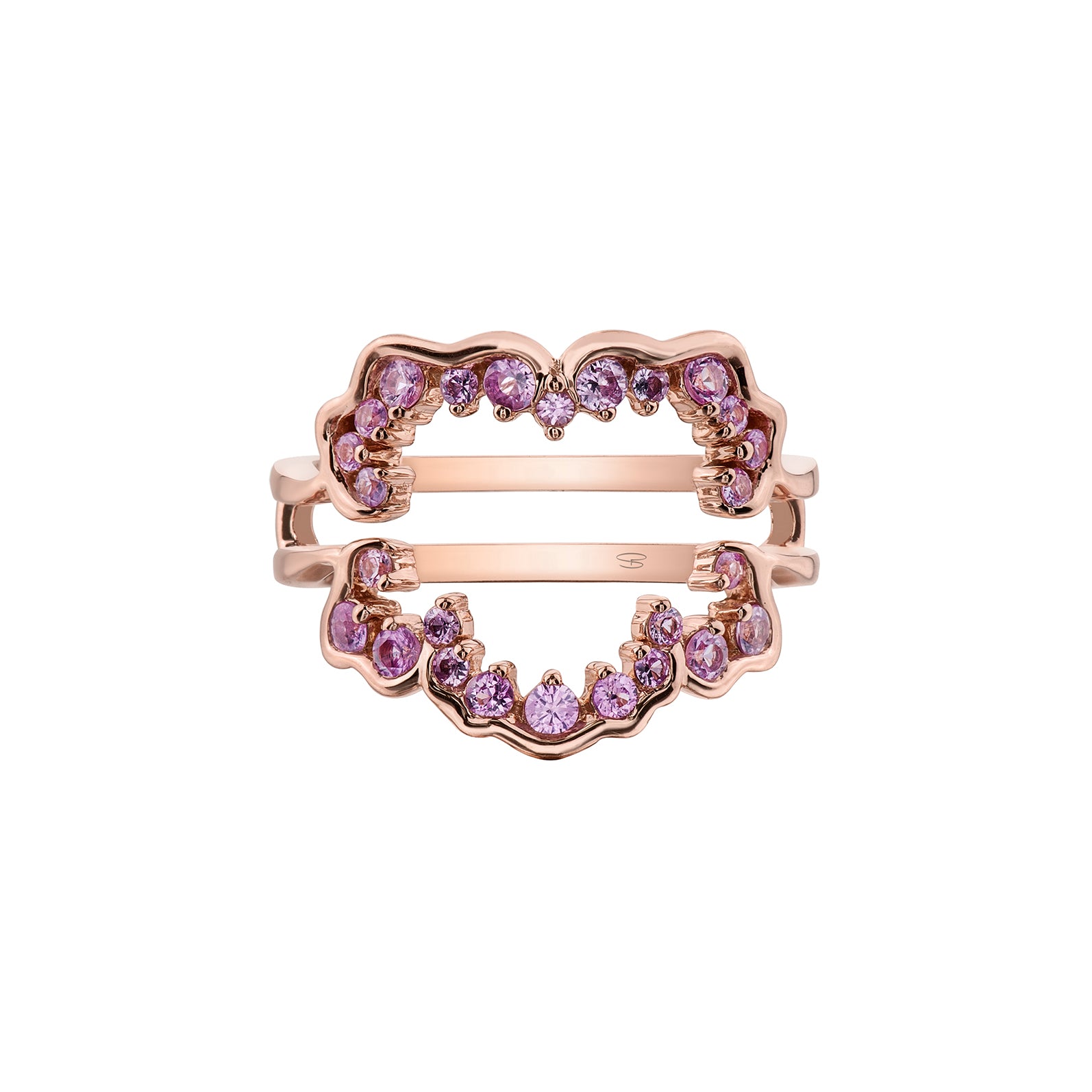 Crafted in 14KT Canadian Certified Gold, this ladies engagement ring features a large circle like shape set with pink sapphires.
