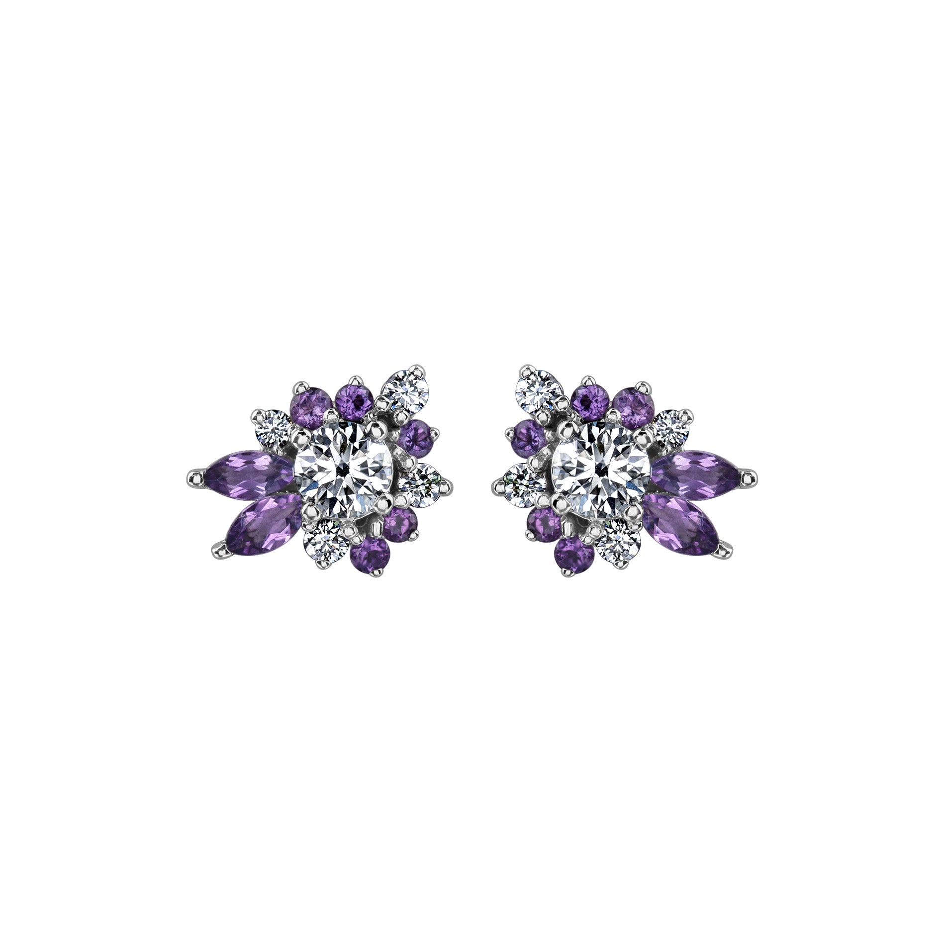 Crafted in 14KT Canadian Certified Gold these diamond earrings feature a wildflower-inspired shape set with round brilliant cut Canadian diamonds and amethyst.
