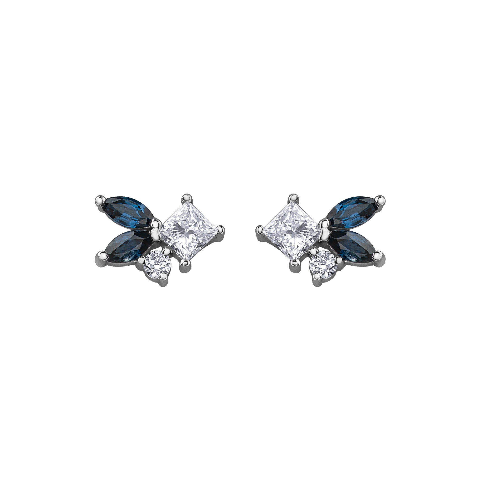 Crafted in 14KT Canadian Certified Gold, these diamond earrings are set with two petal-shaped sapphires and princess cut & round brilliant cut Canadian diamonds.