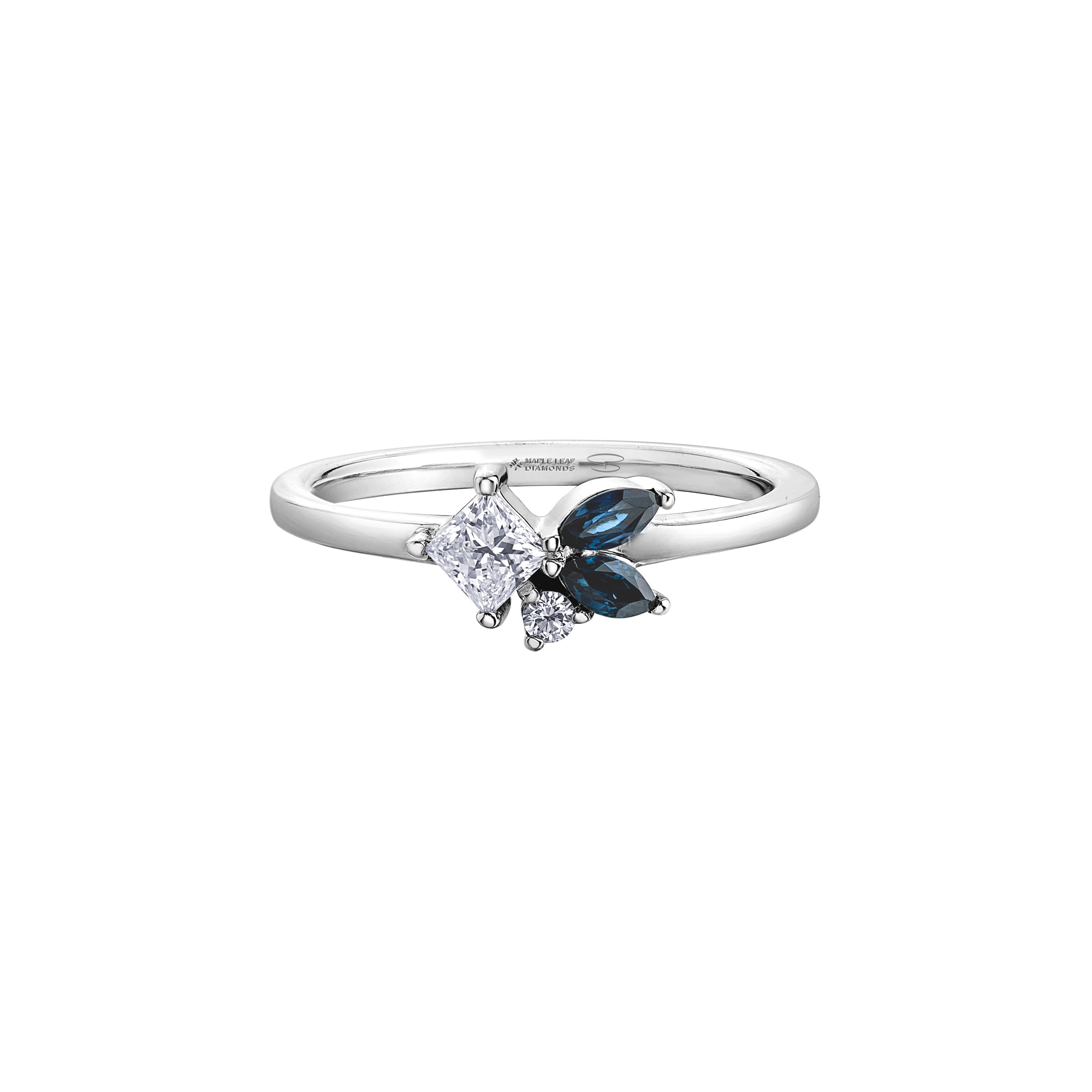 Crafted in 14KT Canadian Certified Gold, this diamond ring is set with two petal-shaped sapphires and princess cut & round brilliant cut Canadian diamonds.
