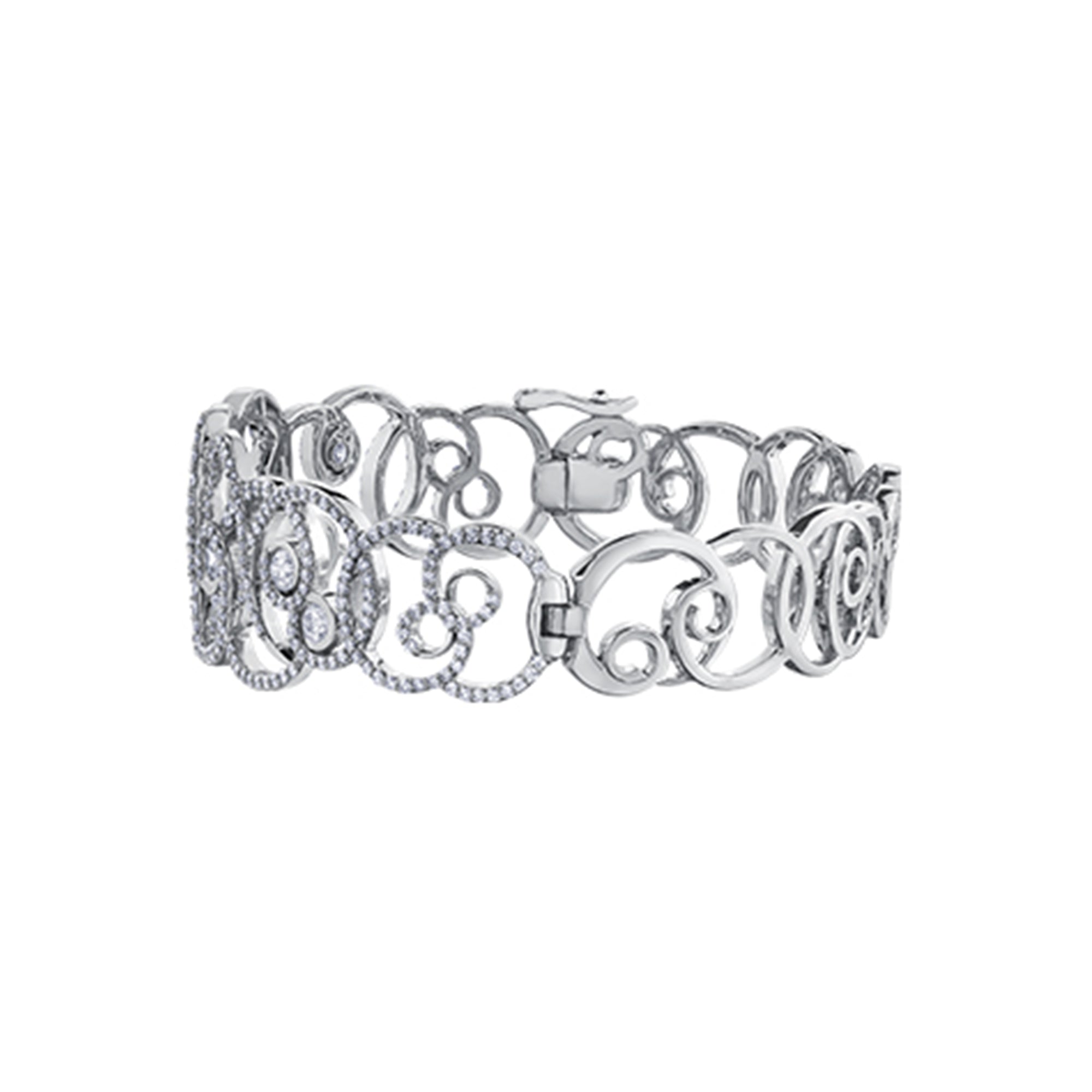 Crafted in 14KT white Certified Canadian Gold, this bracelet features a sprout-inspired swirling design set with round brilliant-cut Canadian diamonds.