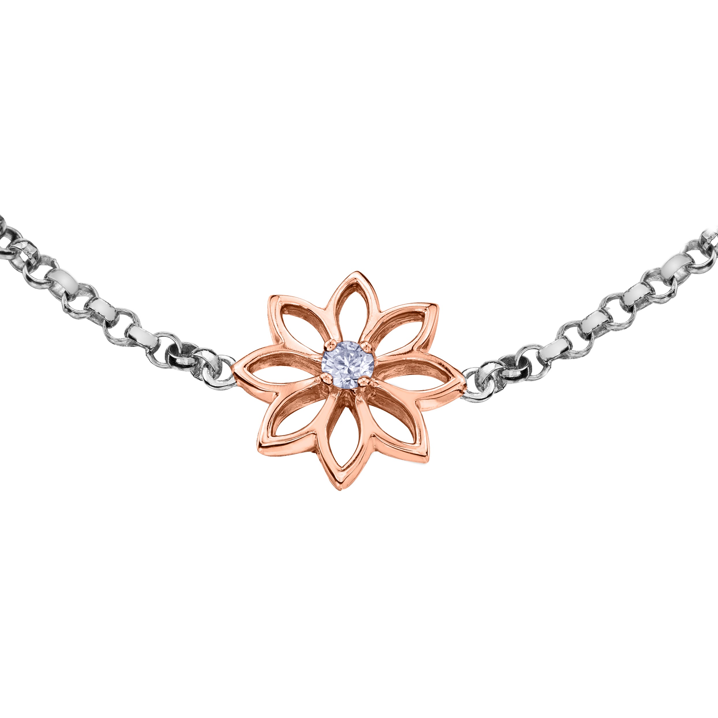 Crafted in 14KT Certified Canadian Gold, this bracelet features a water lily flower with a round brilliant-cut Canadian centre diamond.