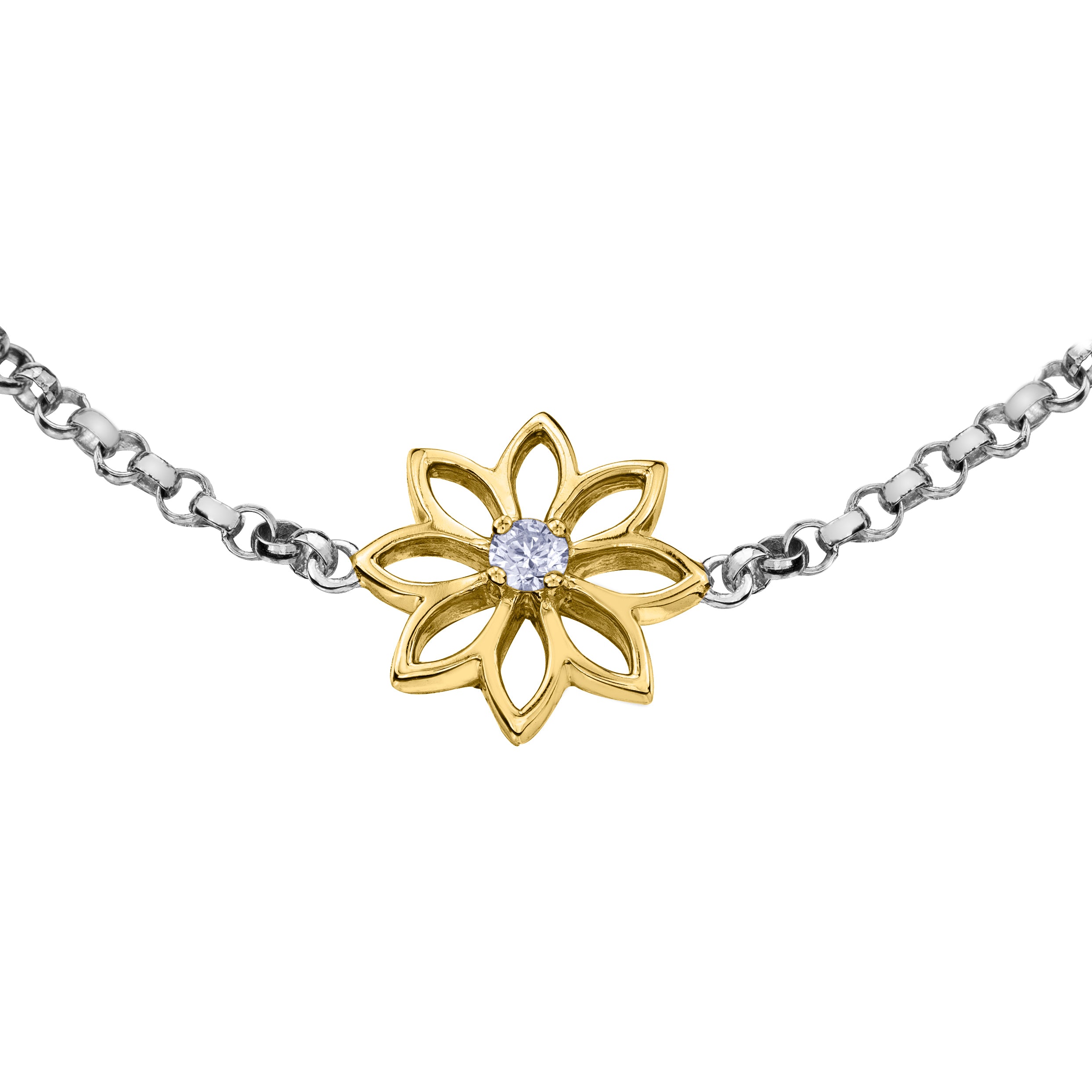 Crafted in 14KT Certified Canadian Gold, this bracelet features a water lily flower with a round brilliant-cut Canadian centre diamond.