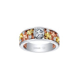 Crafted in 14KT rose, white and yellow Certified Canadian Gold, this ring features maple leafs set small round brilliant-cut Canadian diamonds and a large round brilliant-cut Canadian centre diamond. 