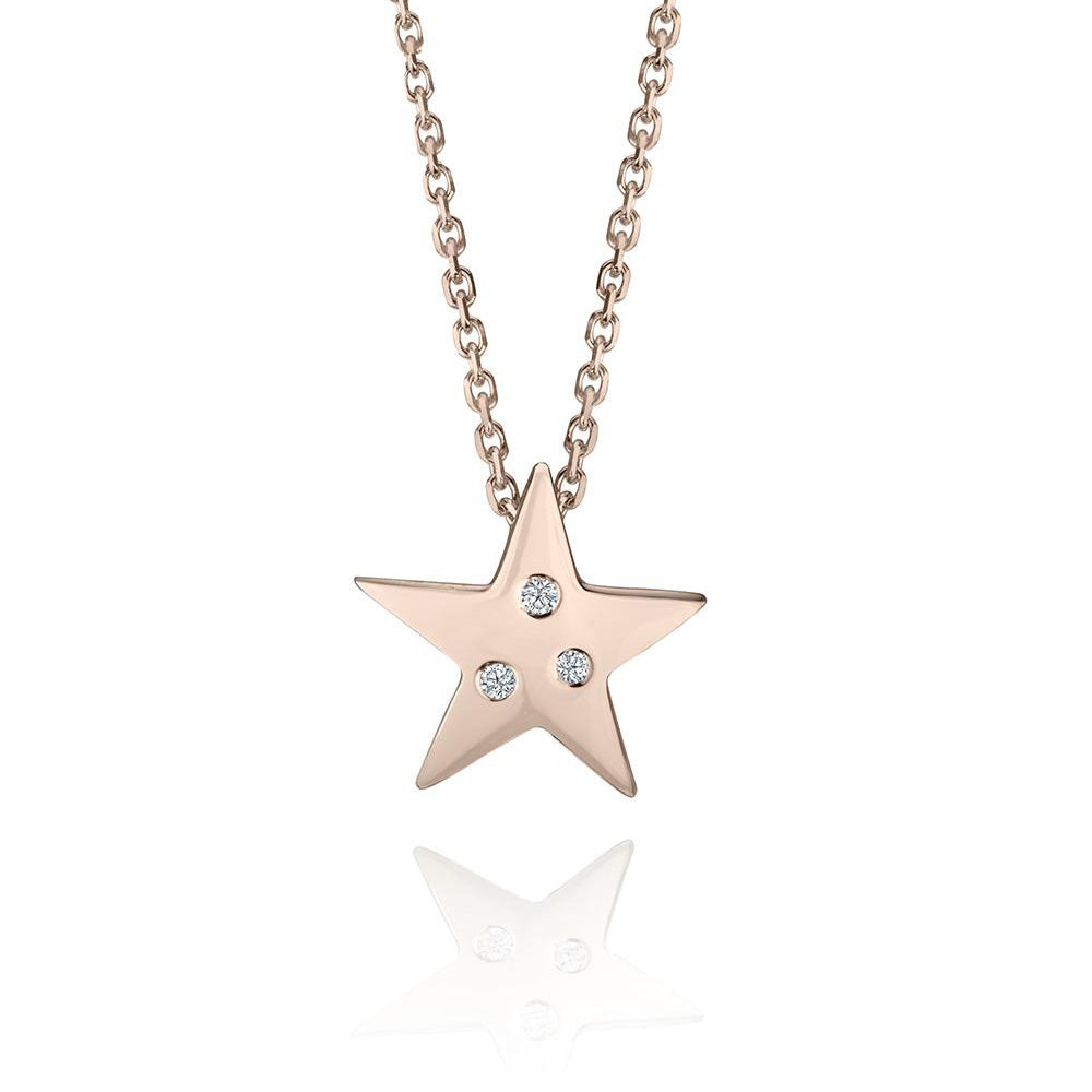 Crafted in 14KT rose gold, this star shaped pendant is set with 3 round brilliant-cut diamonds. 