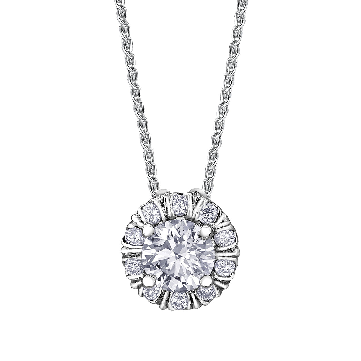 Crafted in 18KT white Certified Canadian Gold, this ring features a melee diamond fur-trim halo with a round brilliant-cut Canadian centre diamond.