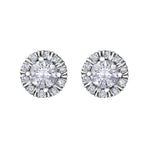 Crafted in 18KT white Certified Canadian gold, these stud earrings feature melee diamond fur-trim halos with round brilliant-cut Canadian centre diamonds.