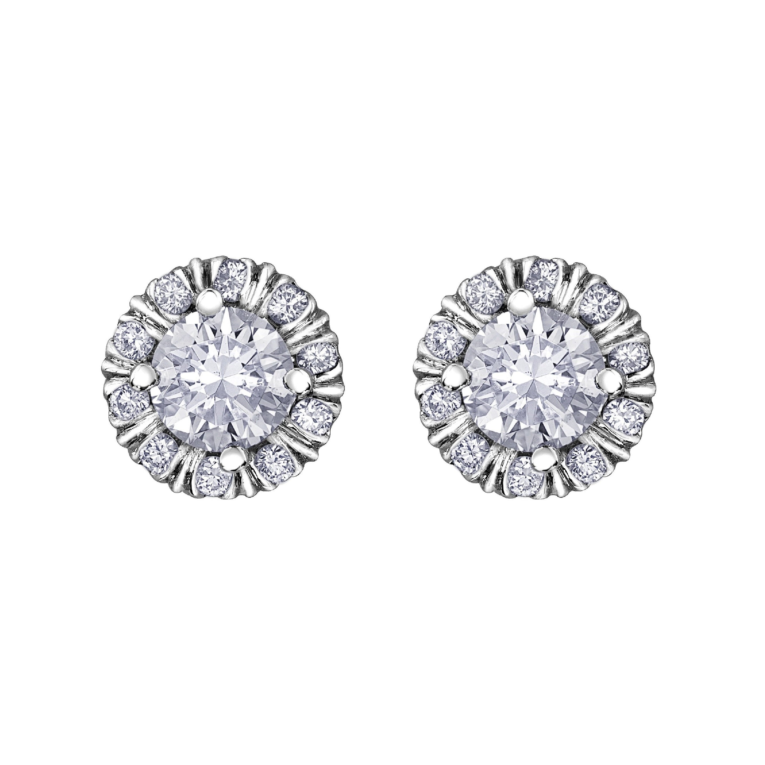 Crafted in 18KT white Certified Canadian gold, these stud earrings feature melee diamond fur-trim halos with round brilliant-cut Canadian centre diamonds.