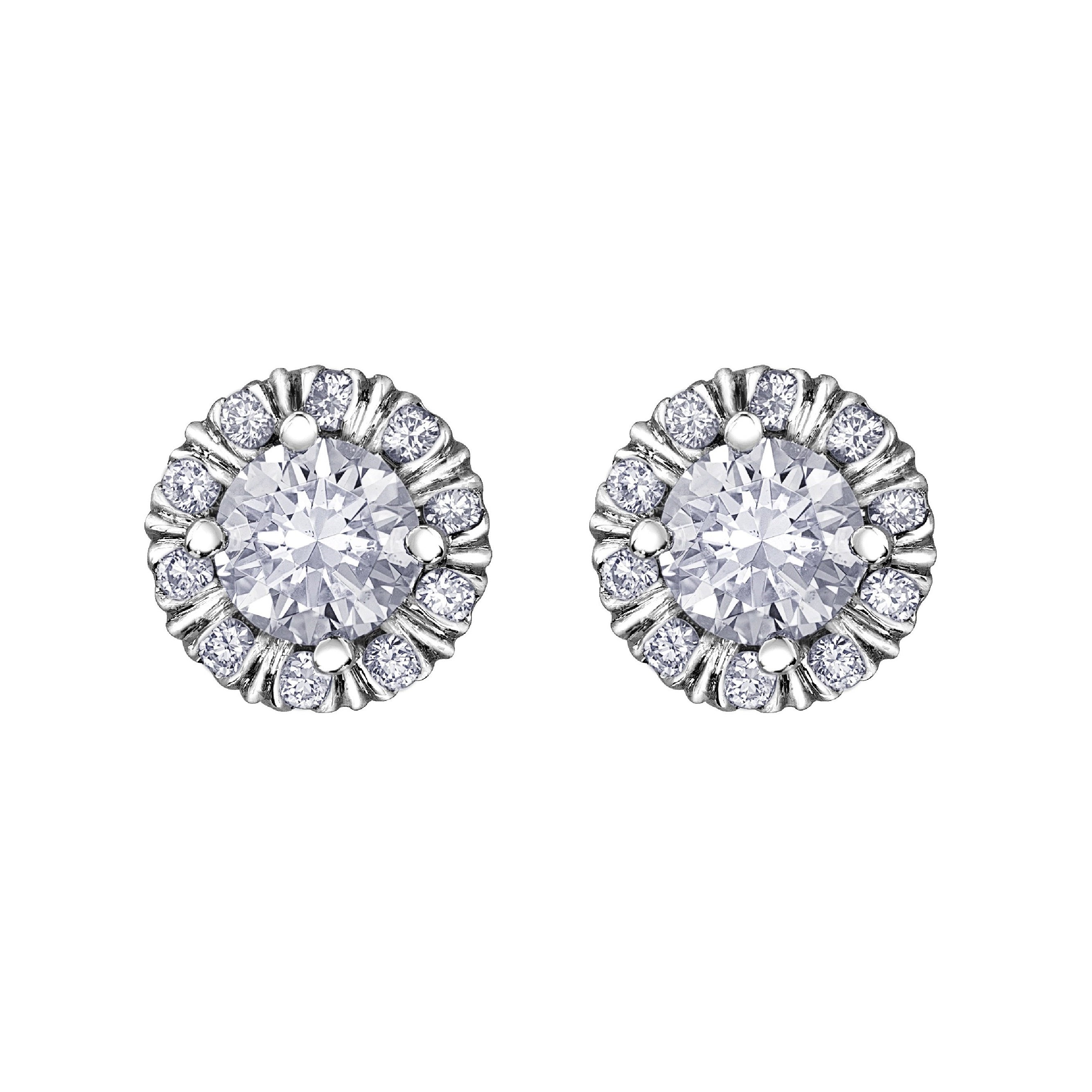 Crafted in 18KT white Certified Canadian gold, these stud earrings feature melee diamond fur-trim halos with round brilliant-cut Canadian centre diamonds. 