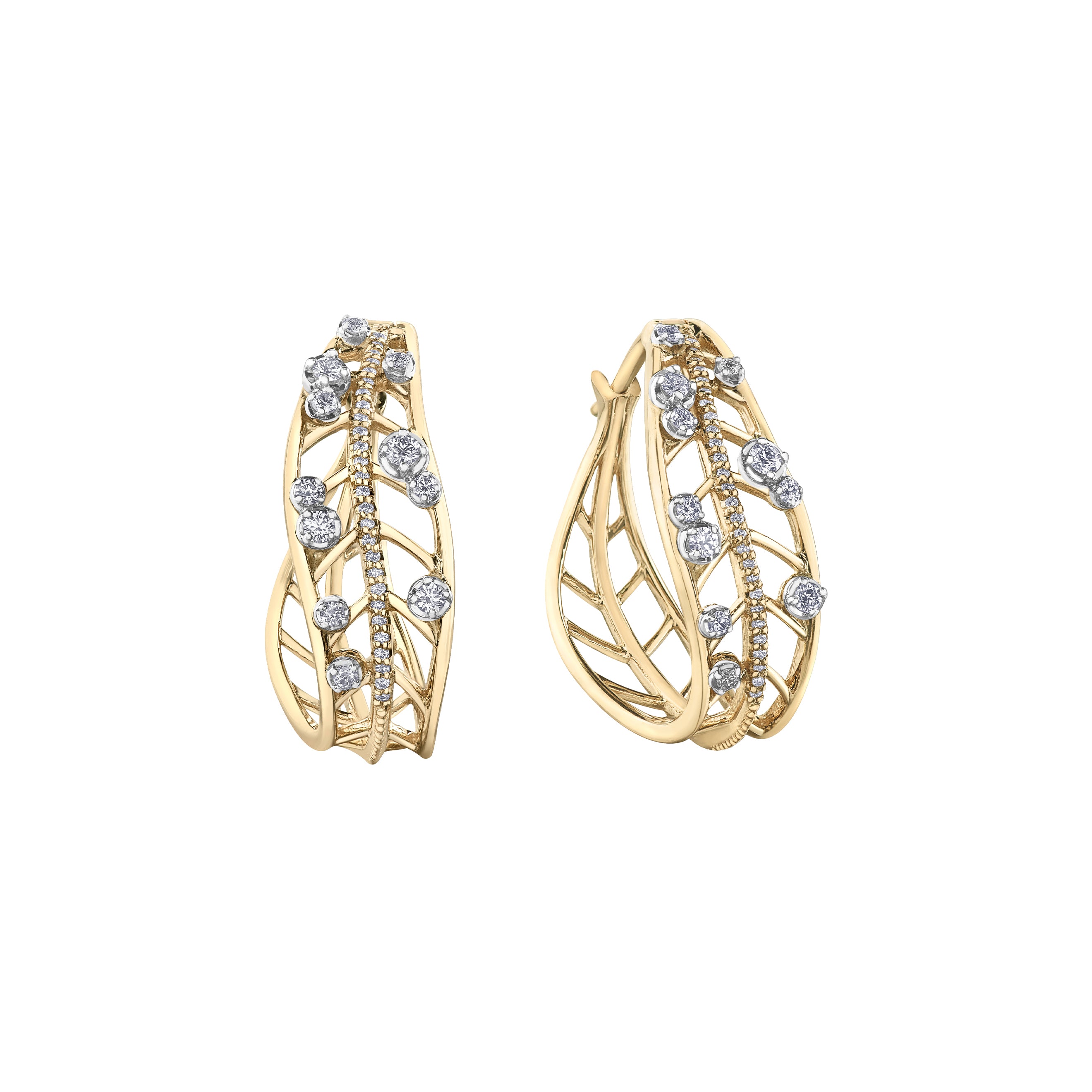 Crafted in 14KT Canadian Certified Gold, these hoop earrings each feature a willow tree leaf set with round brilliant-cut Canadian diamonds.