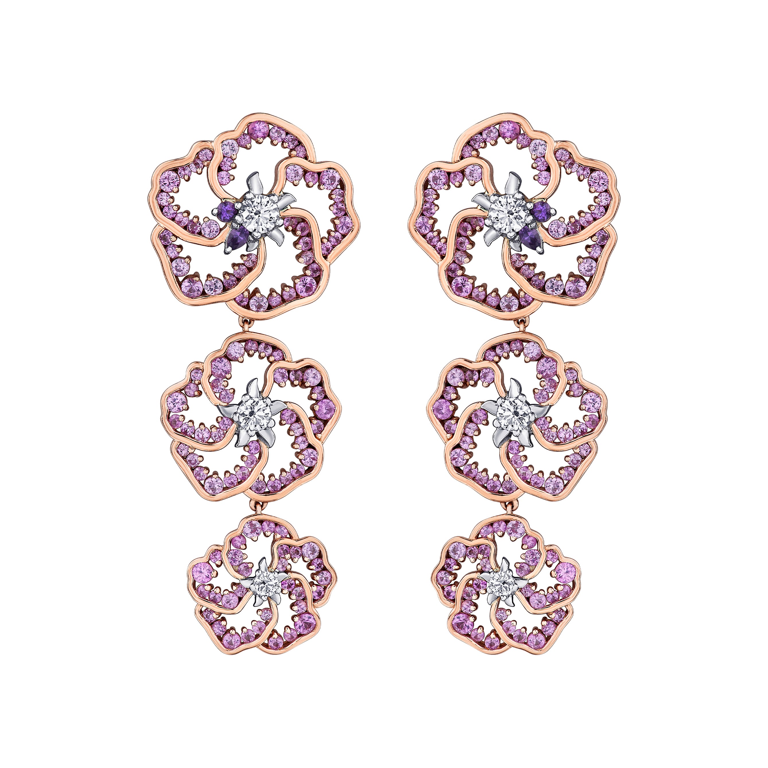 Crafted in 14K white Certified Canadian Gold, these dangling earrings feature three wildflowers set with amethyst, pink sapphires and round brilliant-cut Canadian diamonds.