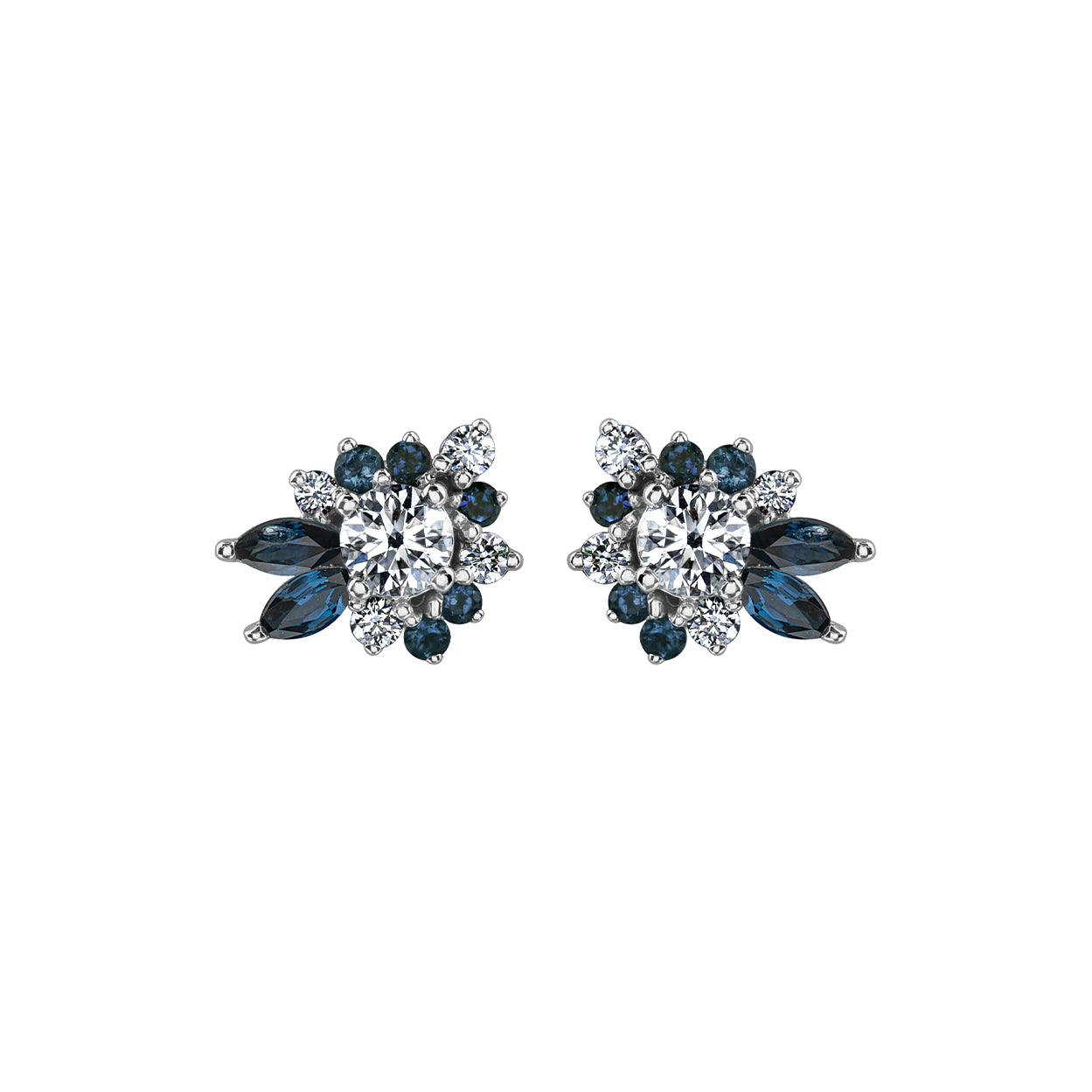 Crafted in 14KT Canadian Certified Gold these diamond earrings feature a wildflower-inspired shape set with round brilliant cut Canadian diamonds and blue sapphire.