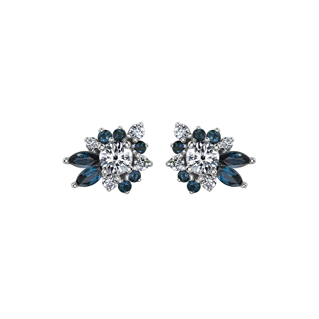 Crafted in 14KT Canadian Certified Gold these diamond earrings feature a wildflower-inspired shape set with round brilliant cut Canadian diamonds and blue sapphire.