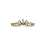 Crafted in 14KT yellow gold, this crown inspired ring features 5 tapered baguette diamonds in a row on a vintage-inspired hand engraved band.