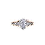 Crafted in 18KT white and rose Certified Canadian Gold, this engagement ring features a diamond halo with a pear-shaped Canadian centre diamond on a diamond set band with a rose vine design.