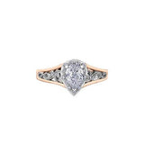 Crafted in 18KT white and rose Certified Canadian Gold, this engagement ring features a diamond halo with a pear-shaped Canadian centre diamond on a diamond set band with a rose vine design.