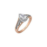 Crafted in 18KT white and rose Certified Canadian Gold, this engagement ring features a diamond halo with a pear-shaped Canadian centre diamond on a diamond set band with a rose vine design.