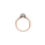 Crafted in 18KT white and rose Certified Canadian Gold, this engagement ring features a diamond halo with a pear-shaped Canadian centre diamond on a diamond set band with a rose vine design.