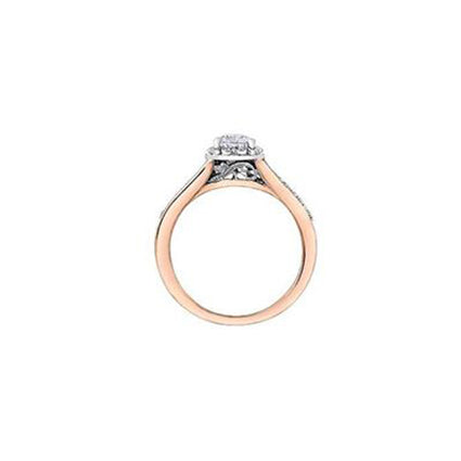 Crafted in 18KT white and rose Certified Canadian Gold, this engagement ring features a diamond halo with a pear-shaped Canadian centre diamond on a diamond set band with a rose vine design.