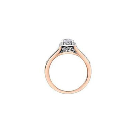 Crafted in 18KT white and rose Certified Canadian Gold, this engagement ring features a diamond halo with a pear-shaped Canadian centre diamond on a diamond set band with a rose vine design. 