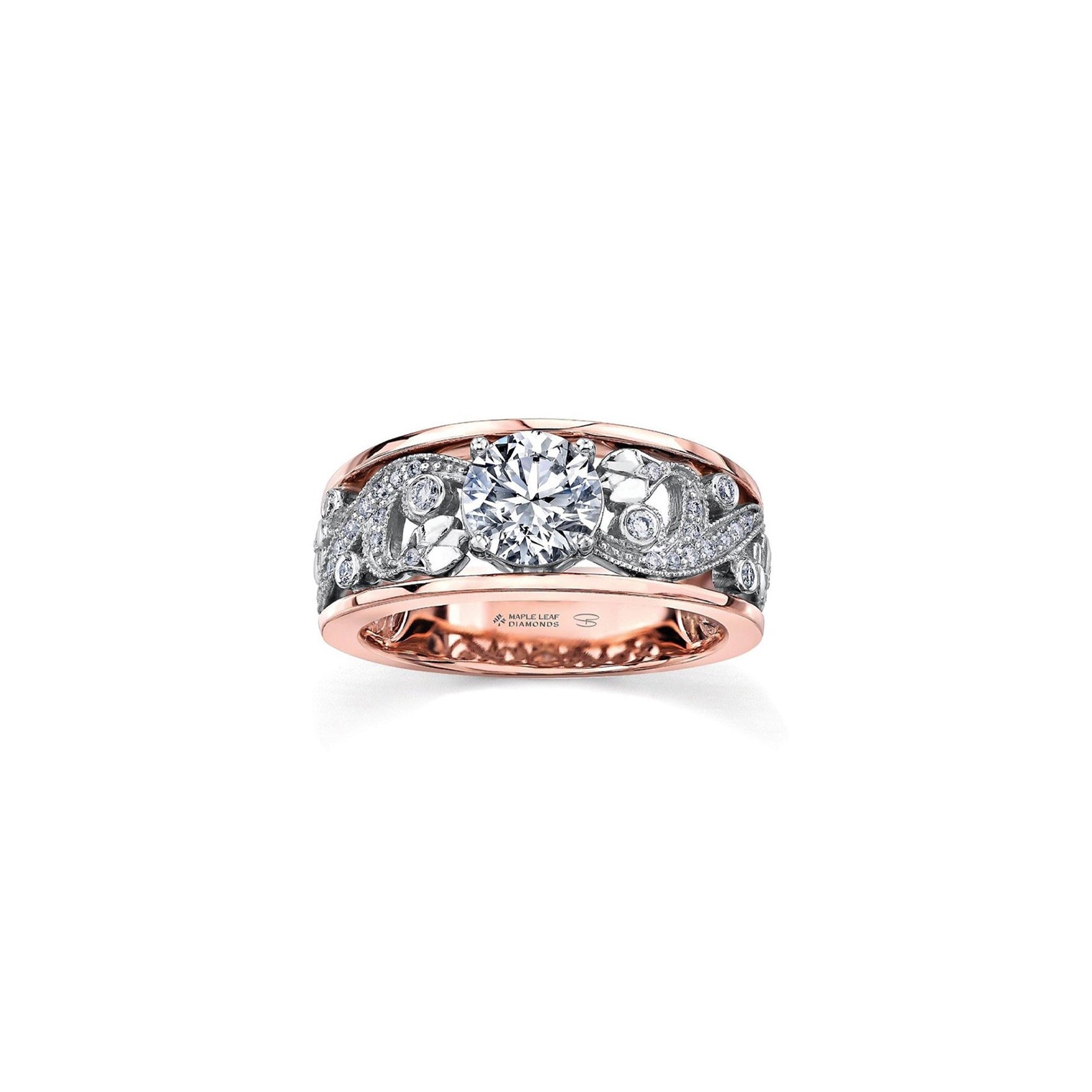 Crafted in rose and white 18KT Certified Canadian Gold, this engagement ring features a diamond set rose vine design with a round brilliant-cut Canadian centre diamond.