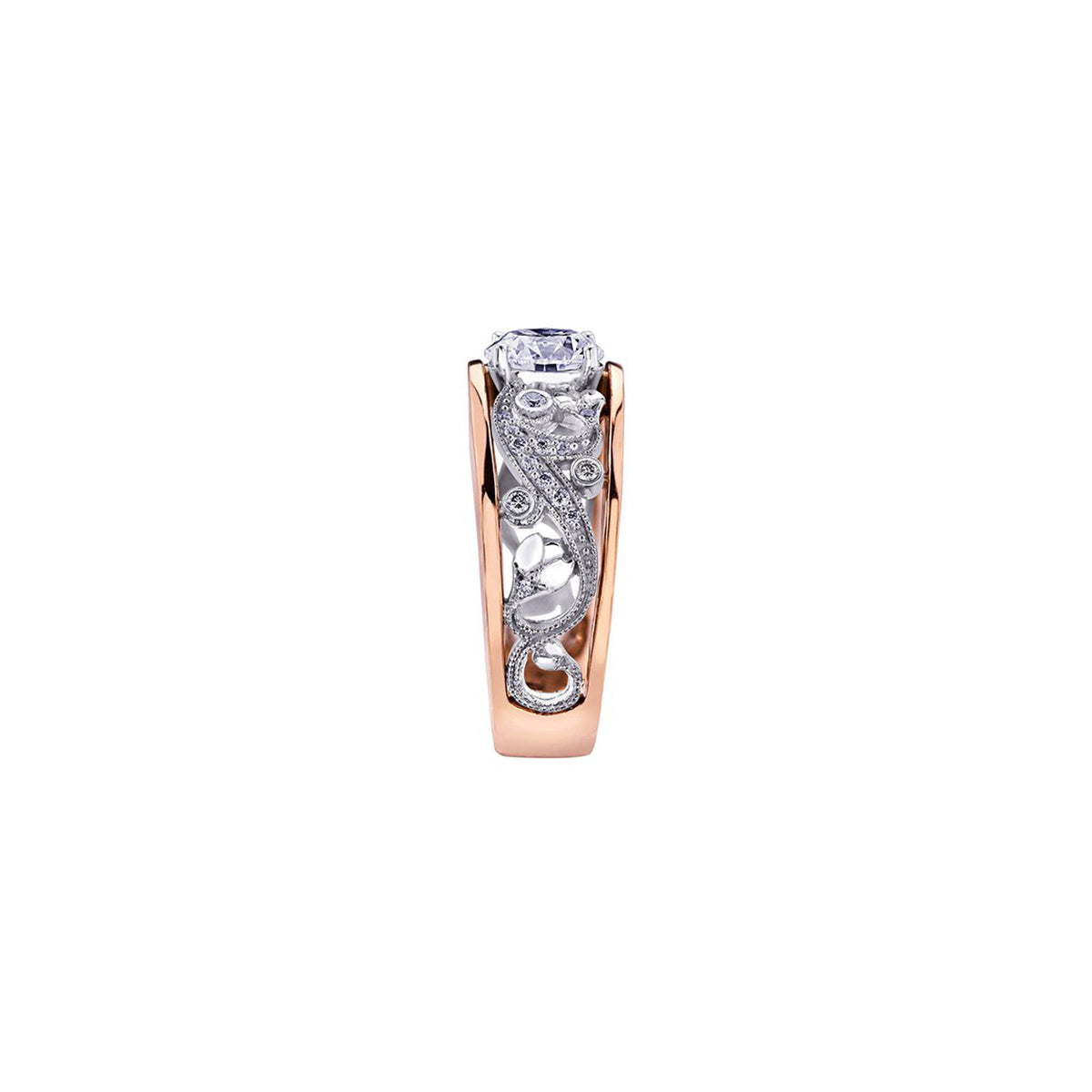 Crafted in rose and white 18KT Certified Canadian Gold, this engagement ring features a diamond set rose vine design with a round brilliant-cut Canadian centre diamond.