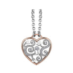 Crafted in rose and white 14KT Canadian Certified Gold, this necklace features a pendant with a diamond set rose vine design encircling a keyhole with a round brilliant-cut Candian diamond centre.