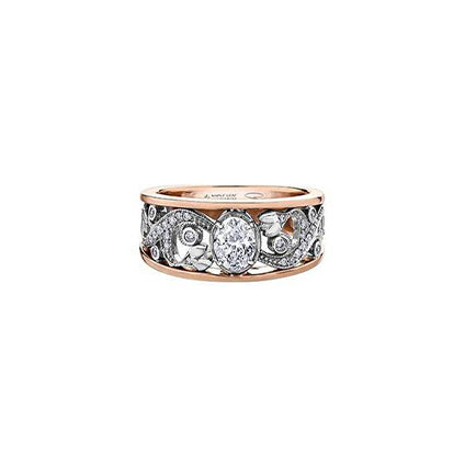 Crafted in 18kt Pure White™ and rose 18KT Certified Canadian Gold, this engagement ring features a diamond set rose vine design with an oval-cut Canadian centre diamond.