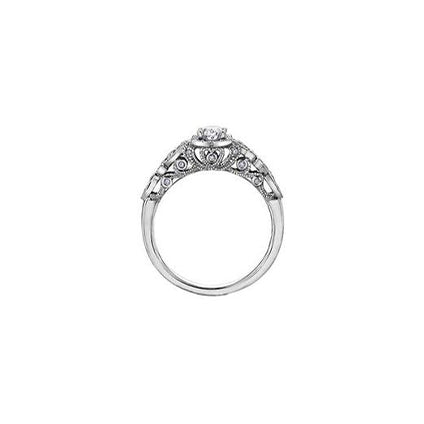 Crafted in 18kt Pure White™, this diamond set rose vine engagement ring features an oval-cut Canadian centre diamond in a diamond set halo.