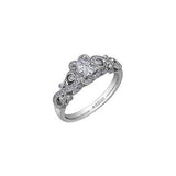 Crafted in 18kt Pure White™, this diamond set rose vine engagement ring features an oval-cut Canadian centre diamond in a diamond set halo.