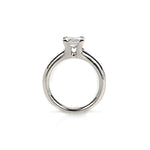 Crafted in 14KT white gold, this ring features a princess-cut diamond with v-shaped prongs holding it in place.