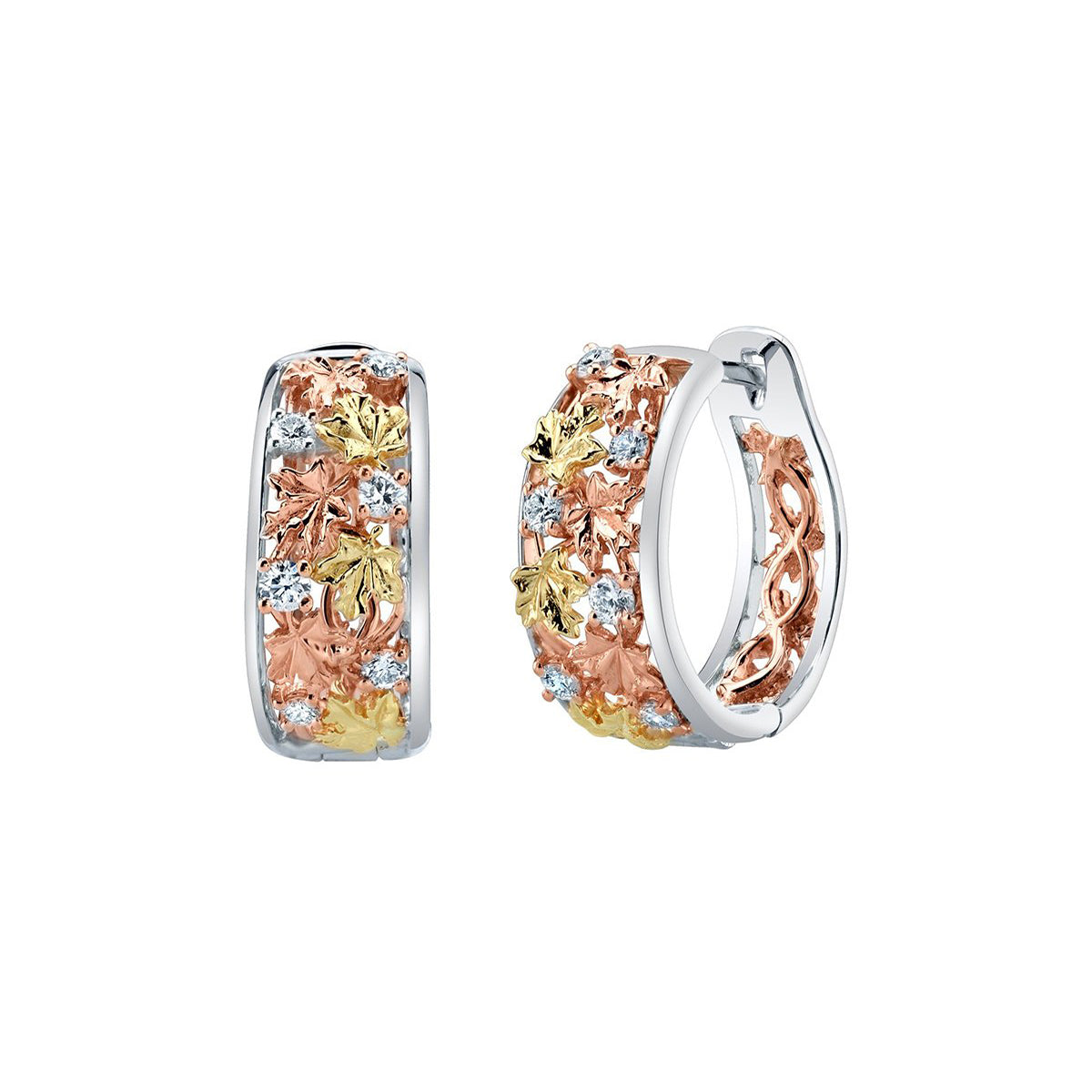 Crafted in 14KT rose, white and yellow Certified Canadian Gold, these hoop earrings feature maple leaves and round brilliant-cut Canadian diamonds.