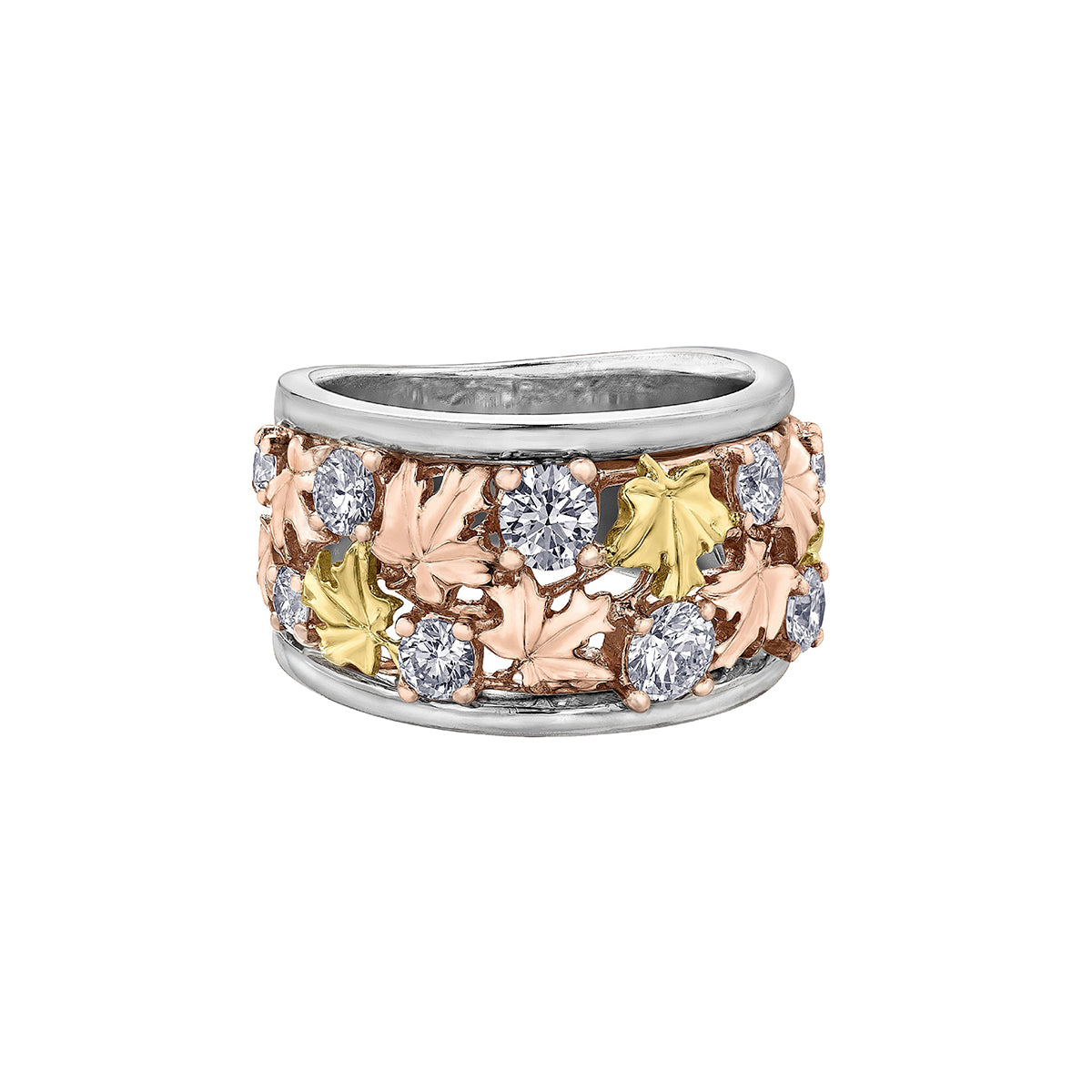 Crafted in 14KT rose, white and yellow Certified Canadian Gold, this ring features maple leafs and round brilliant-cut Canadian diamonds.