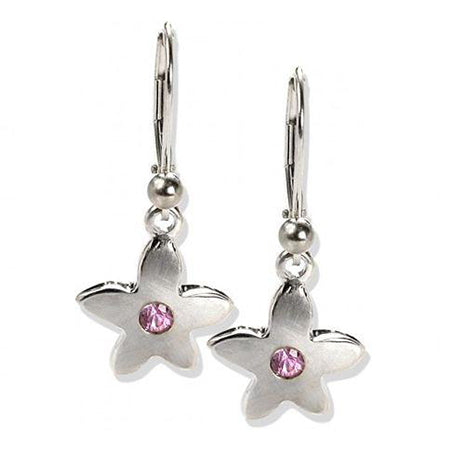 Crafted in 14KT white gold, these drop earrings each feature a flower  with a pink sapphire centre.