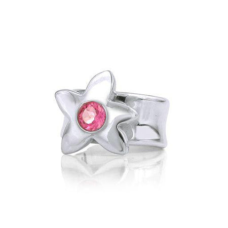 Crafted in sterling silver, this ring features a large flower with a pink tourmaline centre.