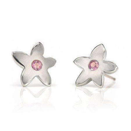 Crafted in 14KT white gold, these stud earrings each feature a flower with a pink sapphire centre.