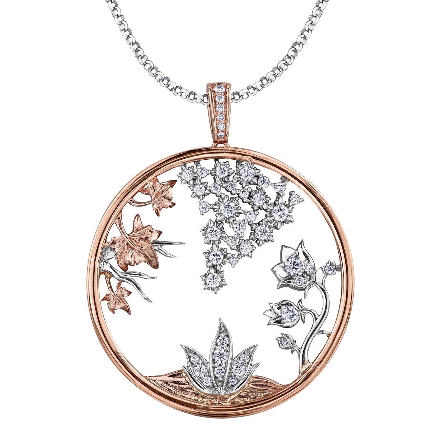 Crafted in 14KT Certified Canadian gold, this pendant represents Canada’s four seasons. Featuring fall leaves, spring flower buds, winter’s snowflakes and summer roses all set with round brilliant-cut Canadian diamonds.