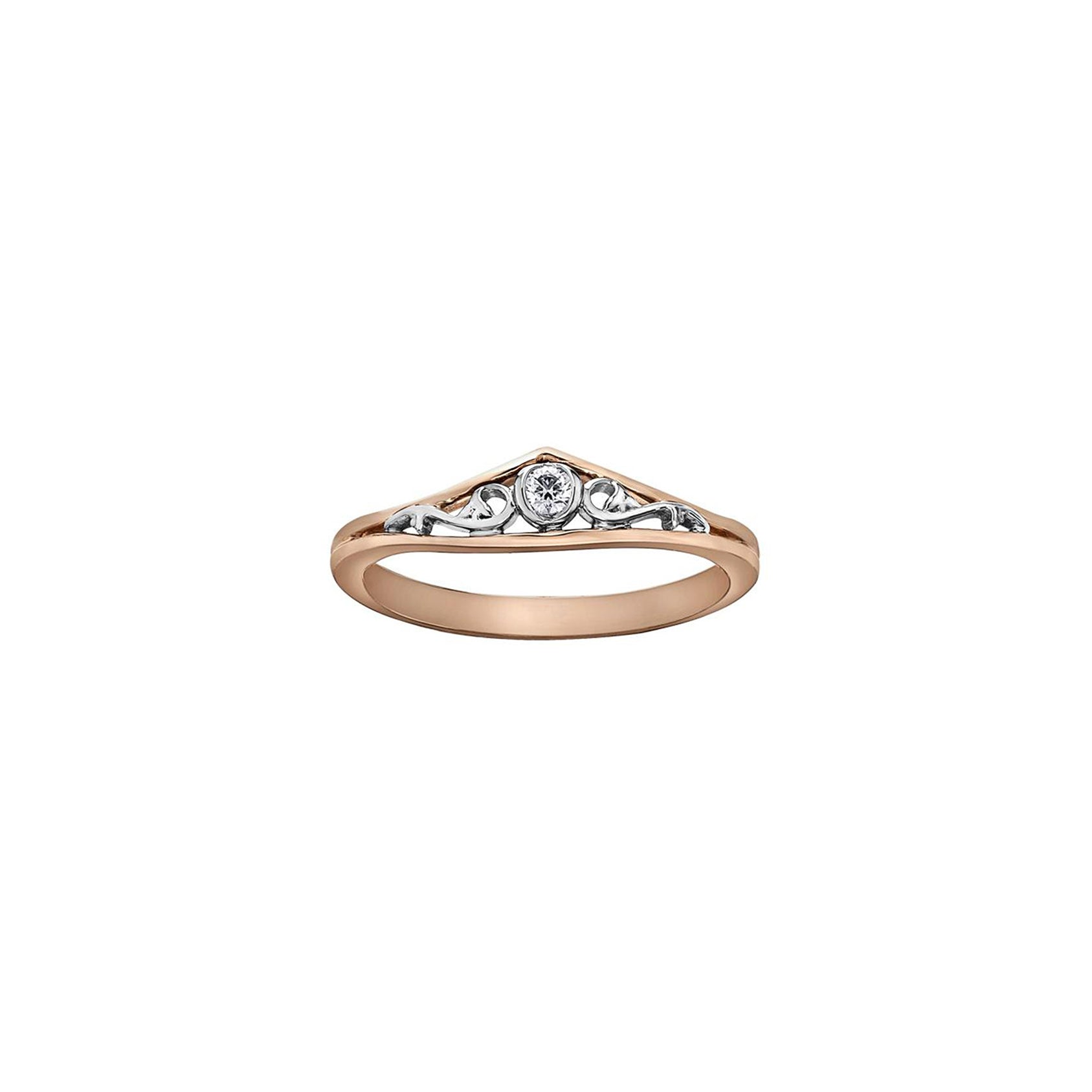 Crafted in rose and white 18KT Canadian Certified Gold, this tiara shaped ring features a round brilliant-cut Canadian diamond cradled by rose vines.