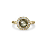 Crafted in 14KT yellow gold, this ring features a diamond halo with a grey rose-cut diamond centre and a quilted band.