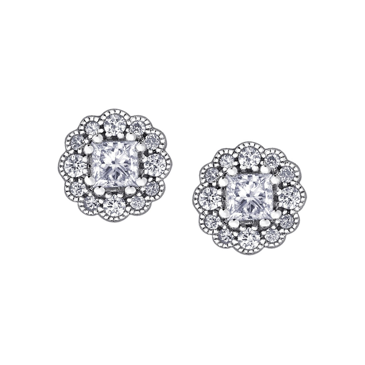 Crafted in 18KT white Certified Canadian Gold, these stud earrings feature diamond-set snowflake halos with princess-cut Canadian diamonds.