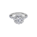 Crafted in 18KT white Certified Canadian Gold, this engagement ring features a diamond-set snowflake halo with a round brilliant-cut Canadian centre diamond on a diamond-set band.